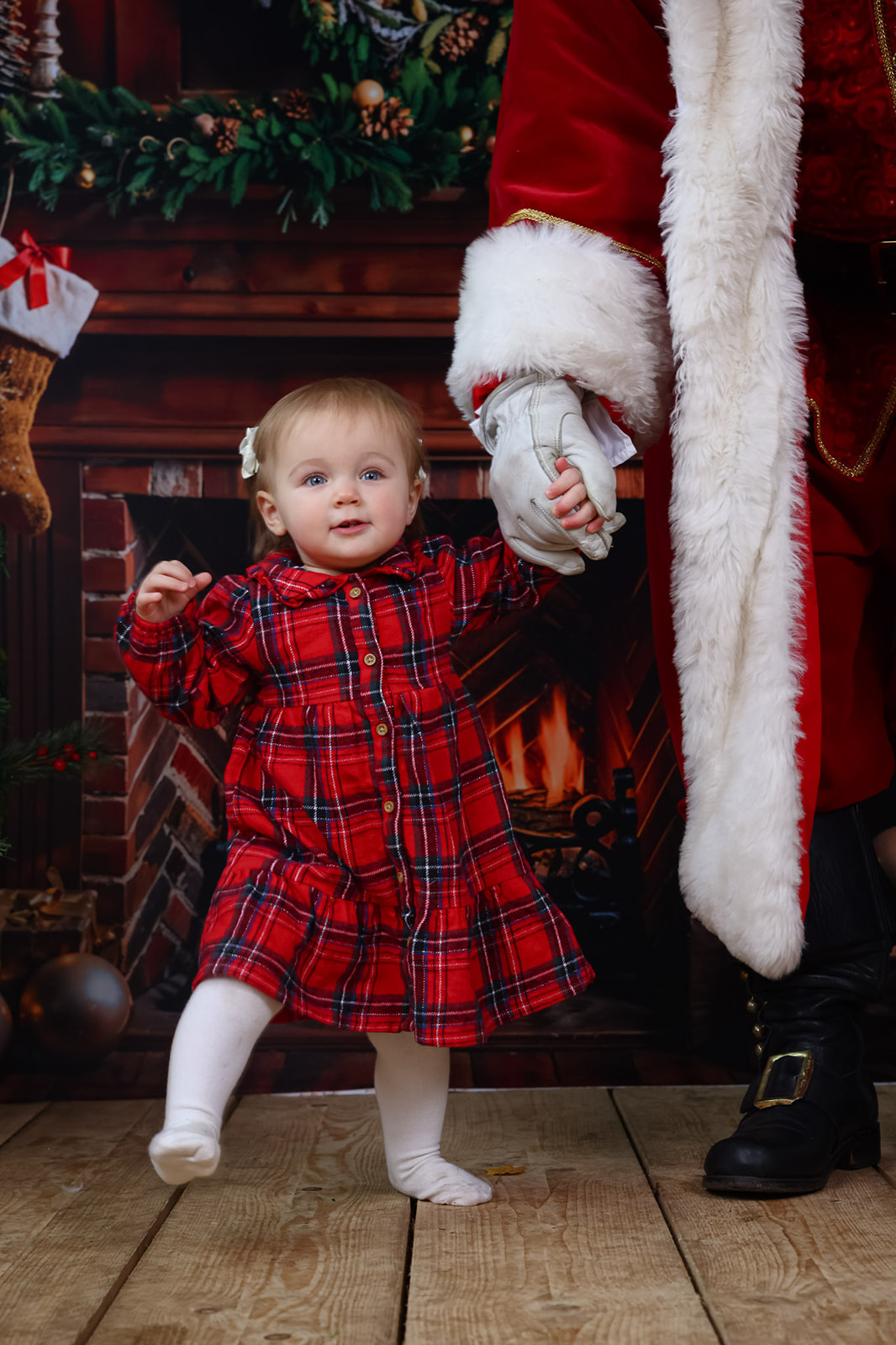 A young child holds Santas hand while taking a few wobbly steps during a Santa photoshoot near Hemel Hempstead